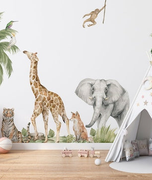 Vinilos decorativos Adhesivos infantiles de pared de acuarela de animales de la jungla