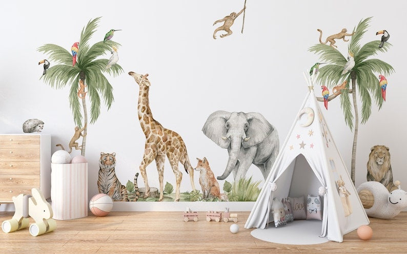Vinilos decorativos Adhesivos infantiles de pared de acuarela de animales de la jungla