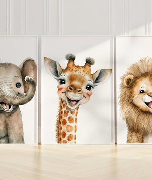 Cuadros Decorativos infantiles Modernos Animales Sonrientes Leon, Jirafa Elefante