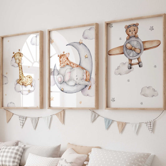 Cuadros Decorativos infantiles Modernos Animales en el cielo jirafa, elefante y oso
