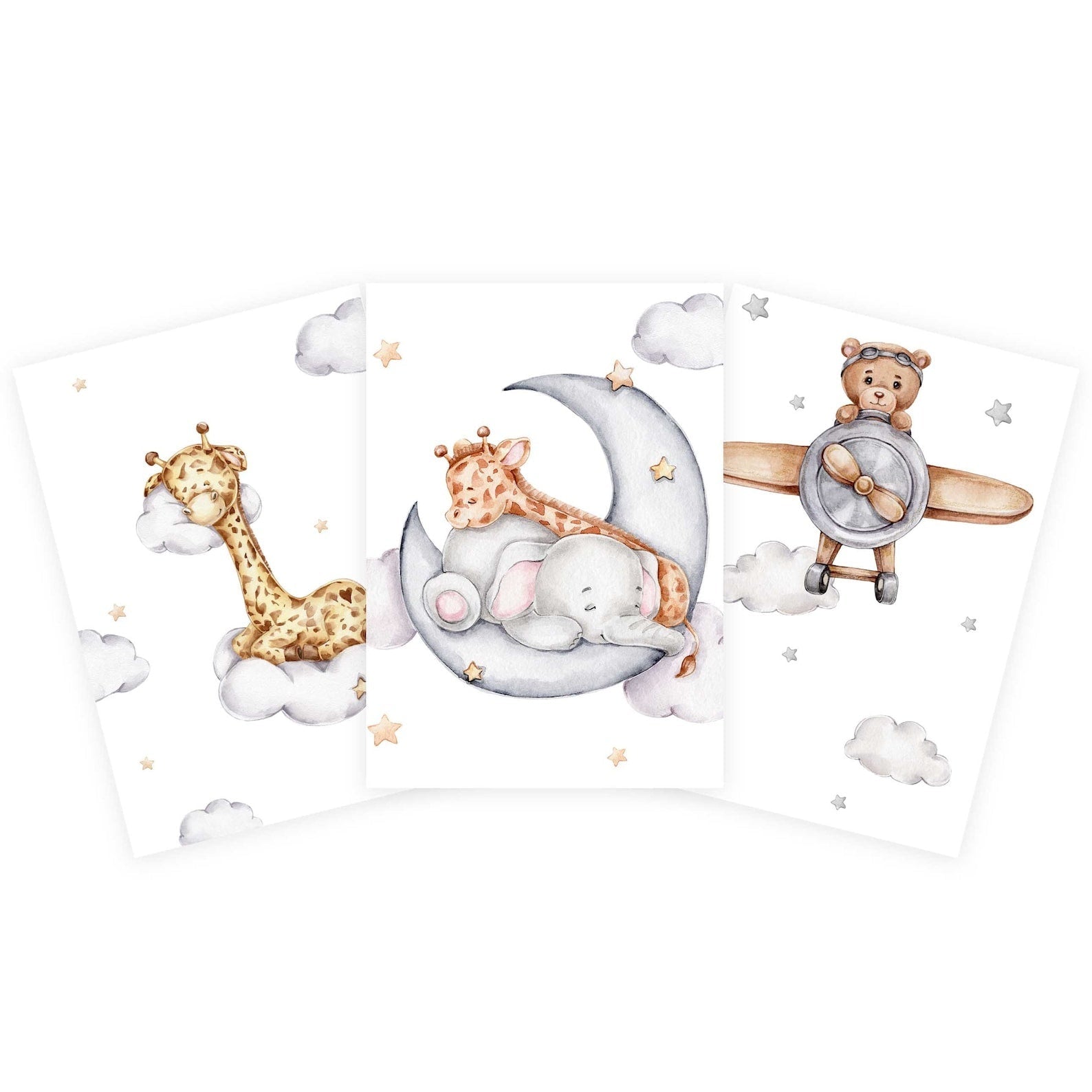 Cuadros Decorativos infantiles Modernos Animales en el cielo jirafa, elefante y oso
