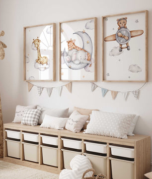 Cuadros Decorativos infantiles Modernos Animales en el cielo jirafa, elefante y oso