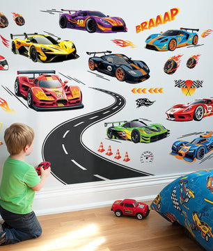Vinilos decorativos Adhesivos infantiles de Pared Carro hot weel con pista