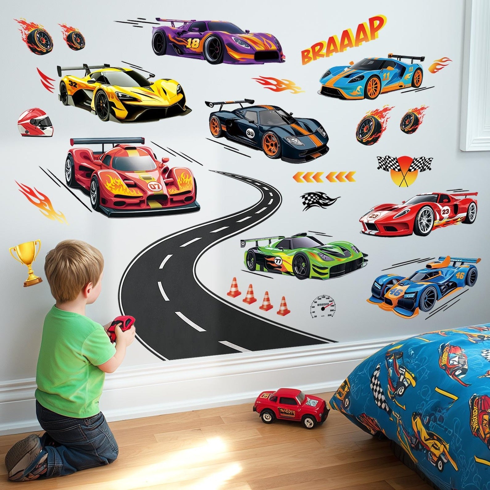 Vinilos decorativos Adhesivos infantiles de Pared Carro hot weel con pista