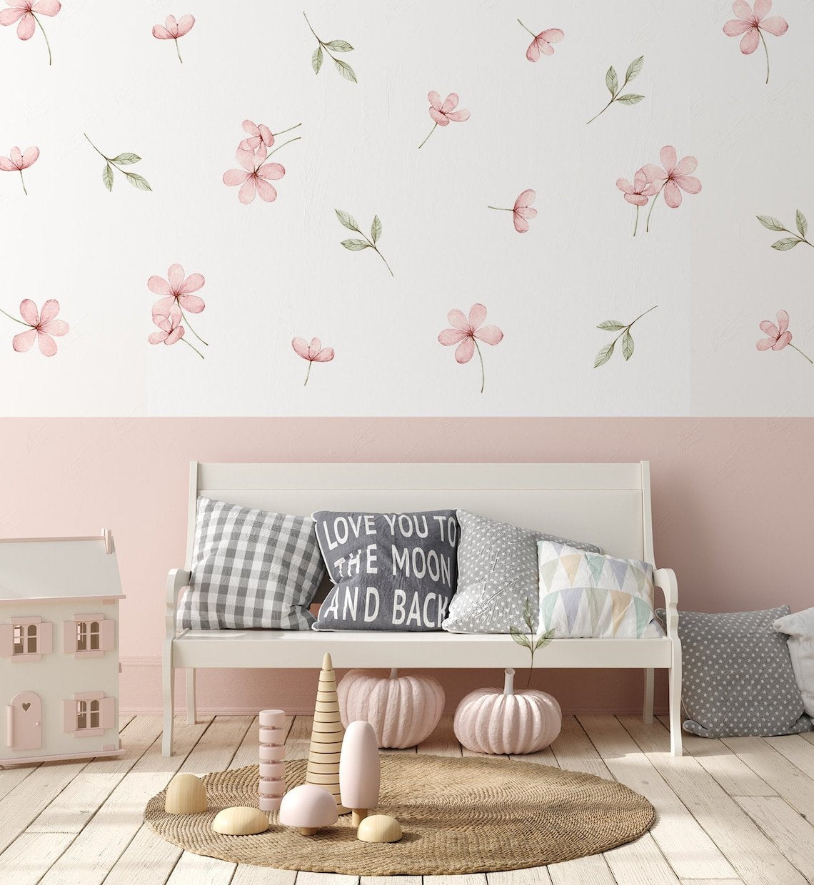 Vinilos decorativos Adhesivos infantiles de Pared flores rosadas con hojas