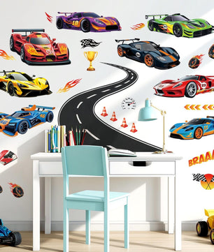 Vinilos decorativos Adhesivos infantiles de Pared Carro hot weel con pista