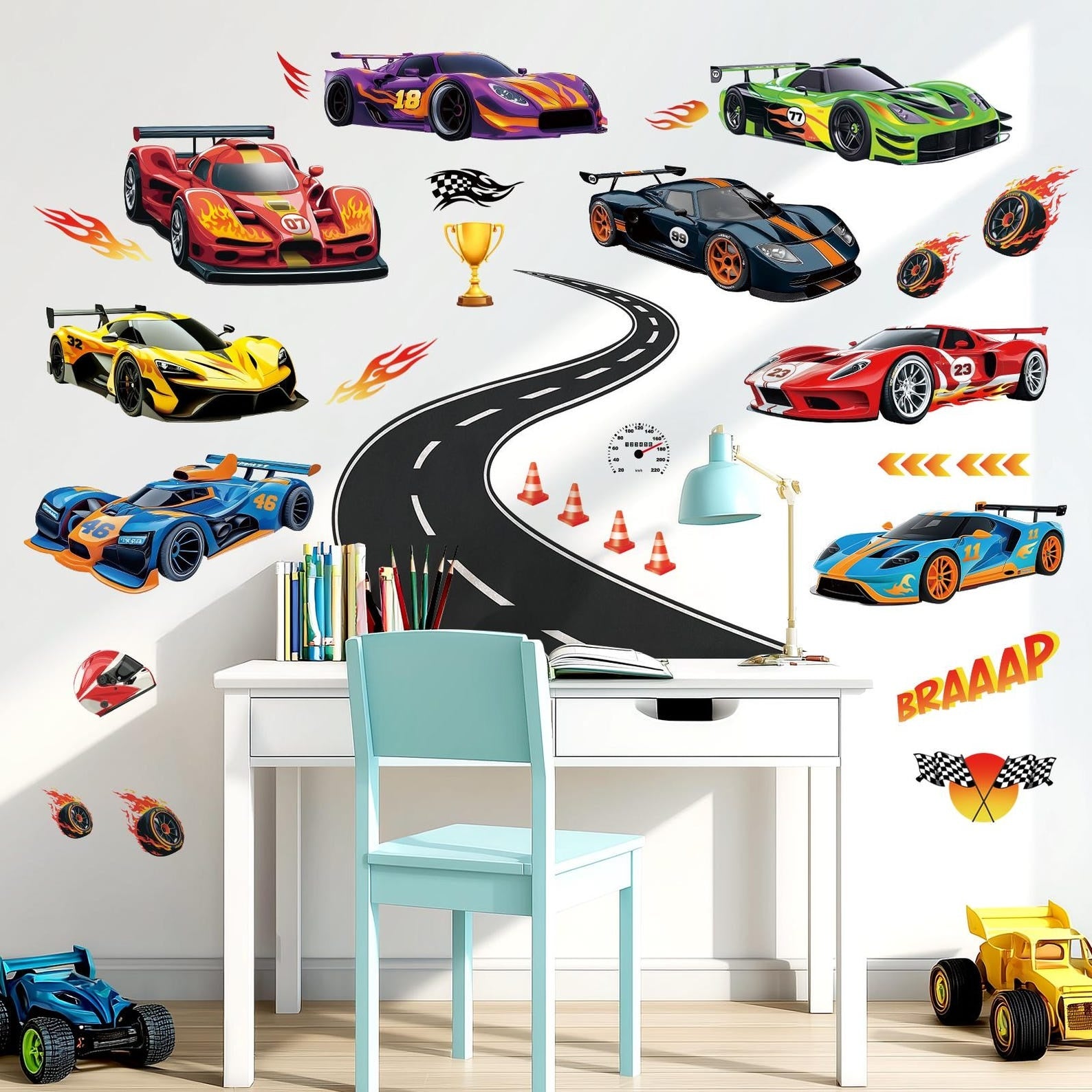 Vinilos decorativos Adhesivos infantiles de Pared Carro hot weel con pista