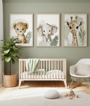 Cuadros Decorativos infantiles Modernos Animales jungla verde leon, elefante y jirafa