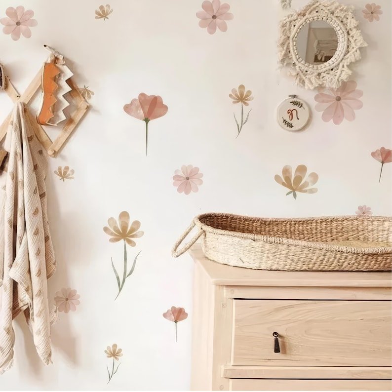 Vinilos decorativos Adhesivos infantiles de Pared flores rosadas acuarela
