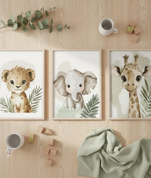 Cuadros Decorativos infantiles Modernos Animales jungla verde leon, elefante y jirafa