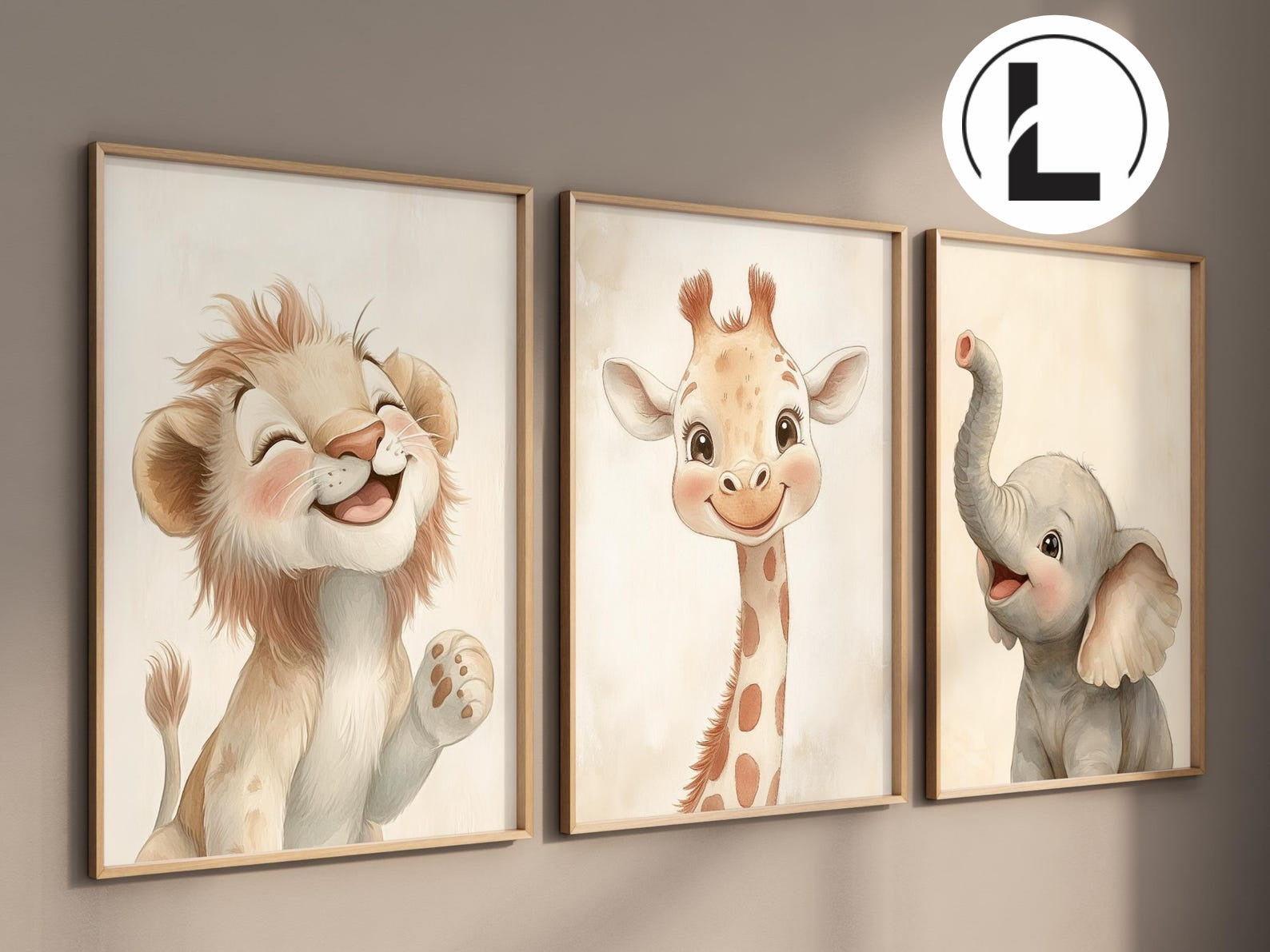 Cuadros Decorativos infantiles Modernos Animales tiernos leon, jirafa y elefante 2