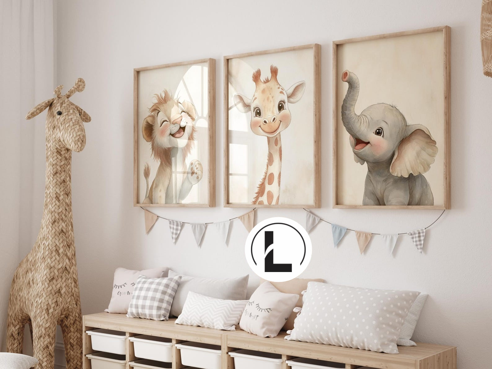 Cuadros Decorativos infantiles Modernos Animales tiernos leon, jirafa y elefante 2