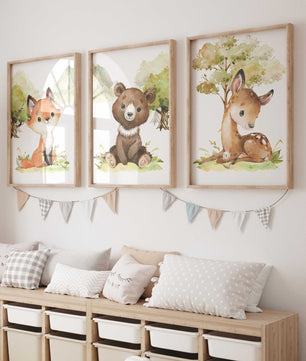 Cuadros Decorativos infantiles Modernos Animales del bosque oso, zorro y venado