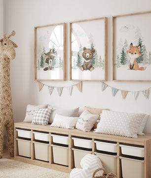 Cuadros Decorativos infantiles Modernos Animales del bosque oso, zorro y Mapache