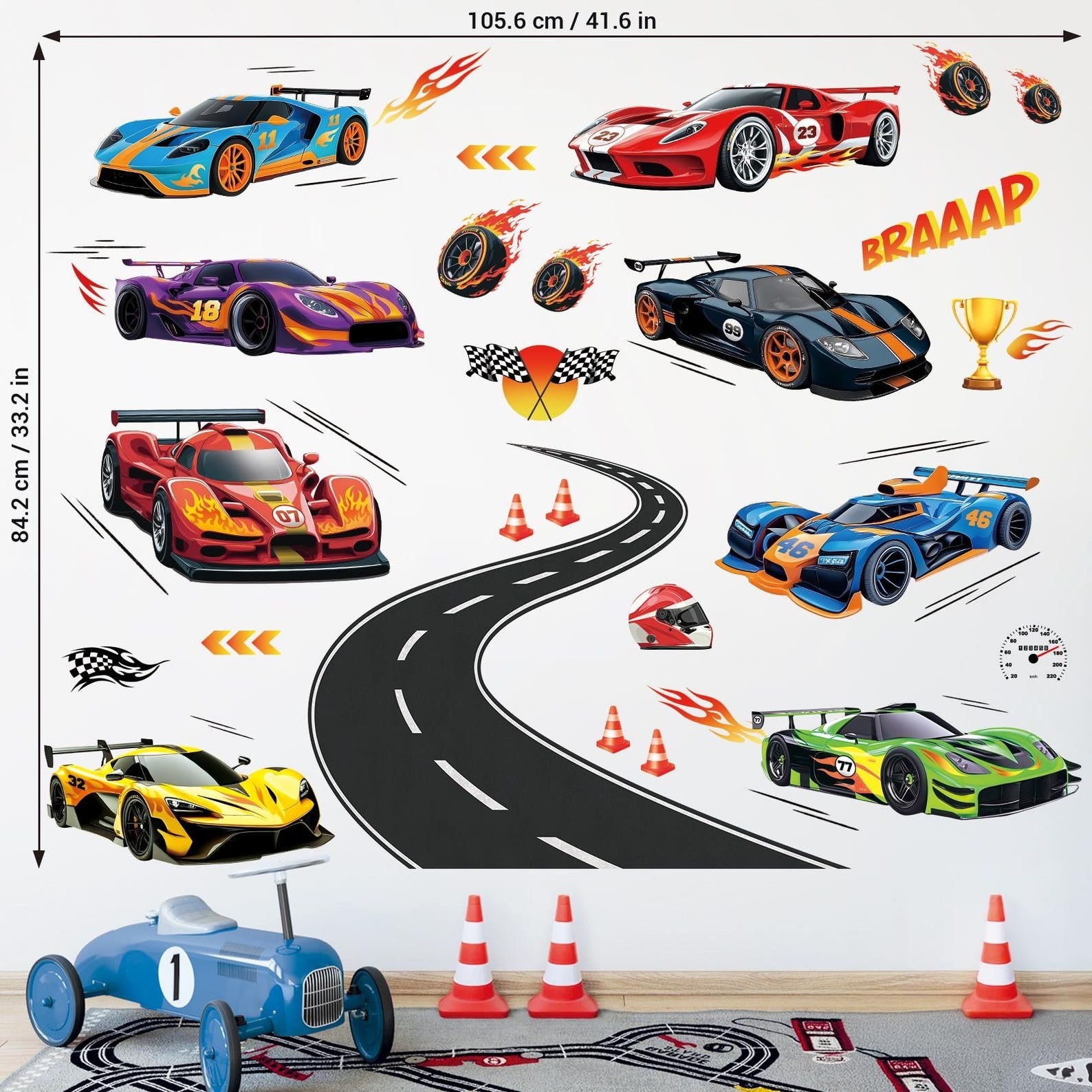 Vinilos decorativos Adhesivos infantiles de Pared Carro hot weel con pista