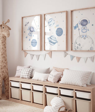 Cuadros Decorativos infantiles Modernos Astronautas en el espacio azul