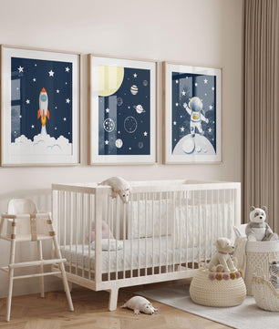 Cuadros Decorativos infantiles Modernos Astronautas, cohete y Galaxia