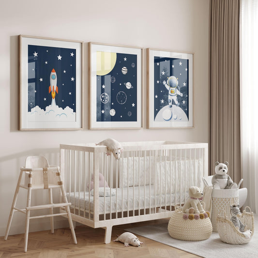 Cuadros Decorativos infantiles Modernos Astronautas, cohete y Galaxia