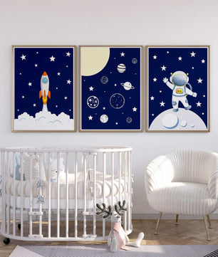 Cuadros Decorativos infantiles Modernos Astronautas, cohete y Galaxia