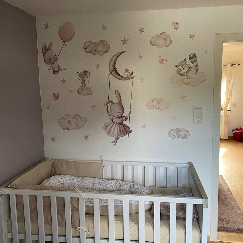 Vinilos decorativos Adhesivos infantiles de Pared Coneja con animales en nube (0135)