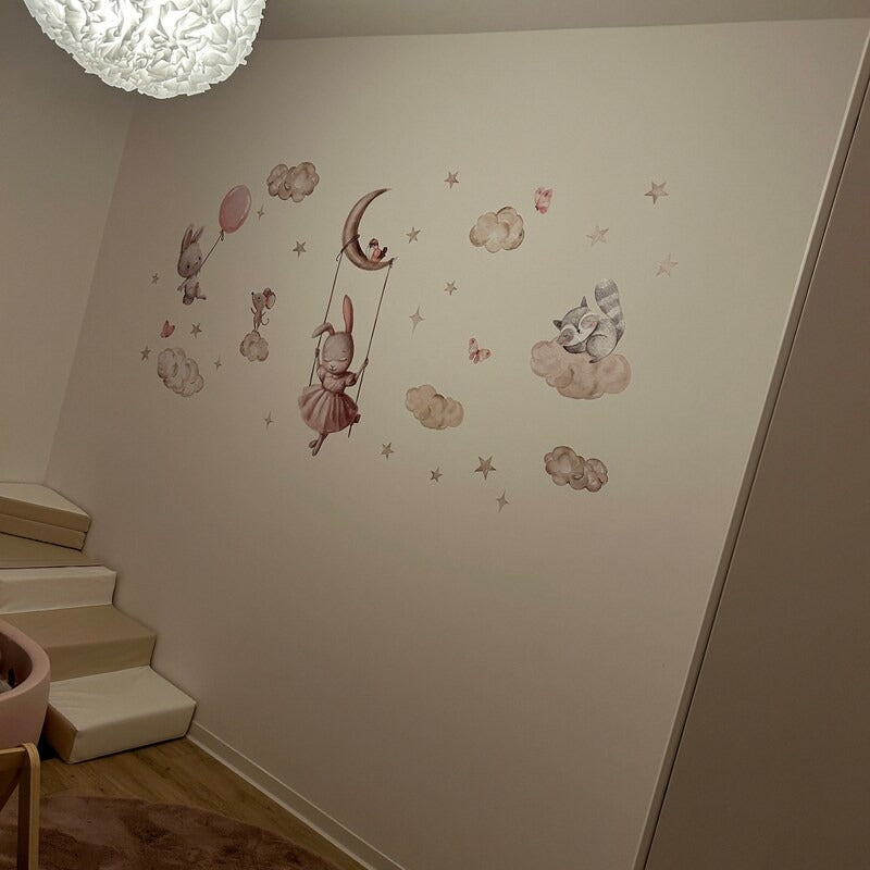 Vinilos decorativos Adhesivos infantiles de Pared Coneja con animales en nube (0135)