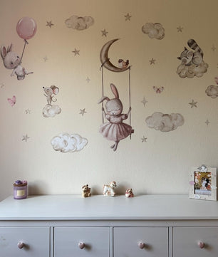 Vinilos decorativos Adhesivos infantiles de Pared Coneja con animales en nube (0135)