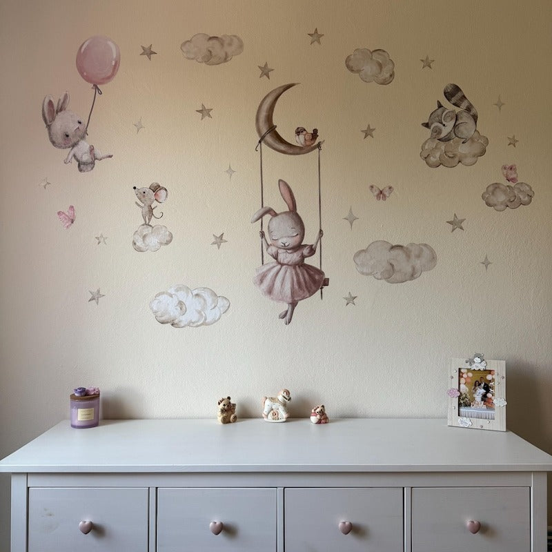 Vinilos decorativos Adhesivos infantiles de Pared Coneja con animales en nube (0135)