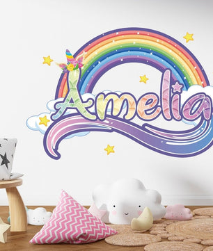 Vinilos decorativos Adhesivos infantiles de Pared nombre unicornio colorido niña (0079)