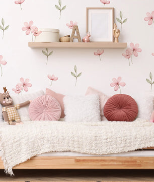Vinilos decorativos Adhesivos infantiles de Pared flores rosadas con hojas
