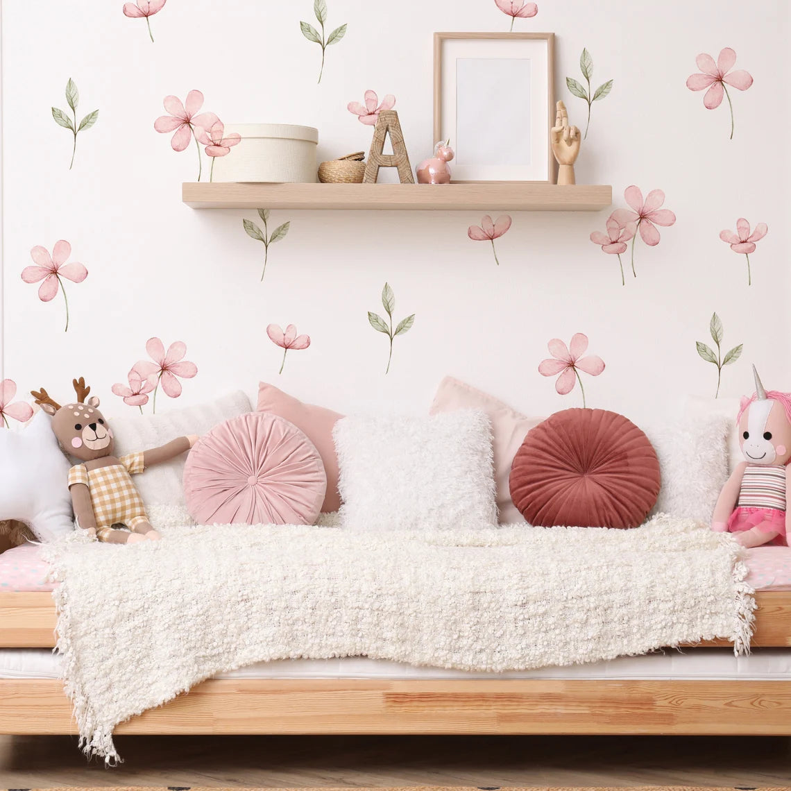 Vinilos decorativos Adhesivos infantiles de Pared flores rosadas con hojas