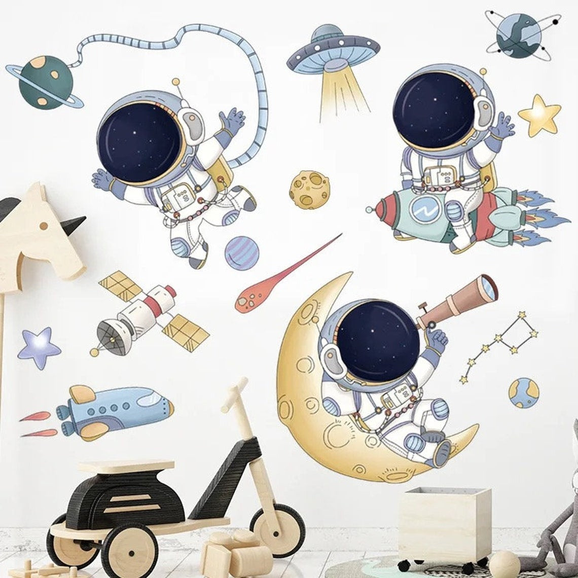 Vinilos decorativos Adhesivos infantiles de Pared espacio astronautas 6 niño (0055)