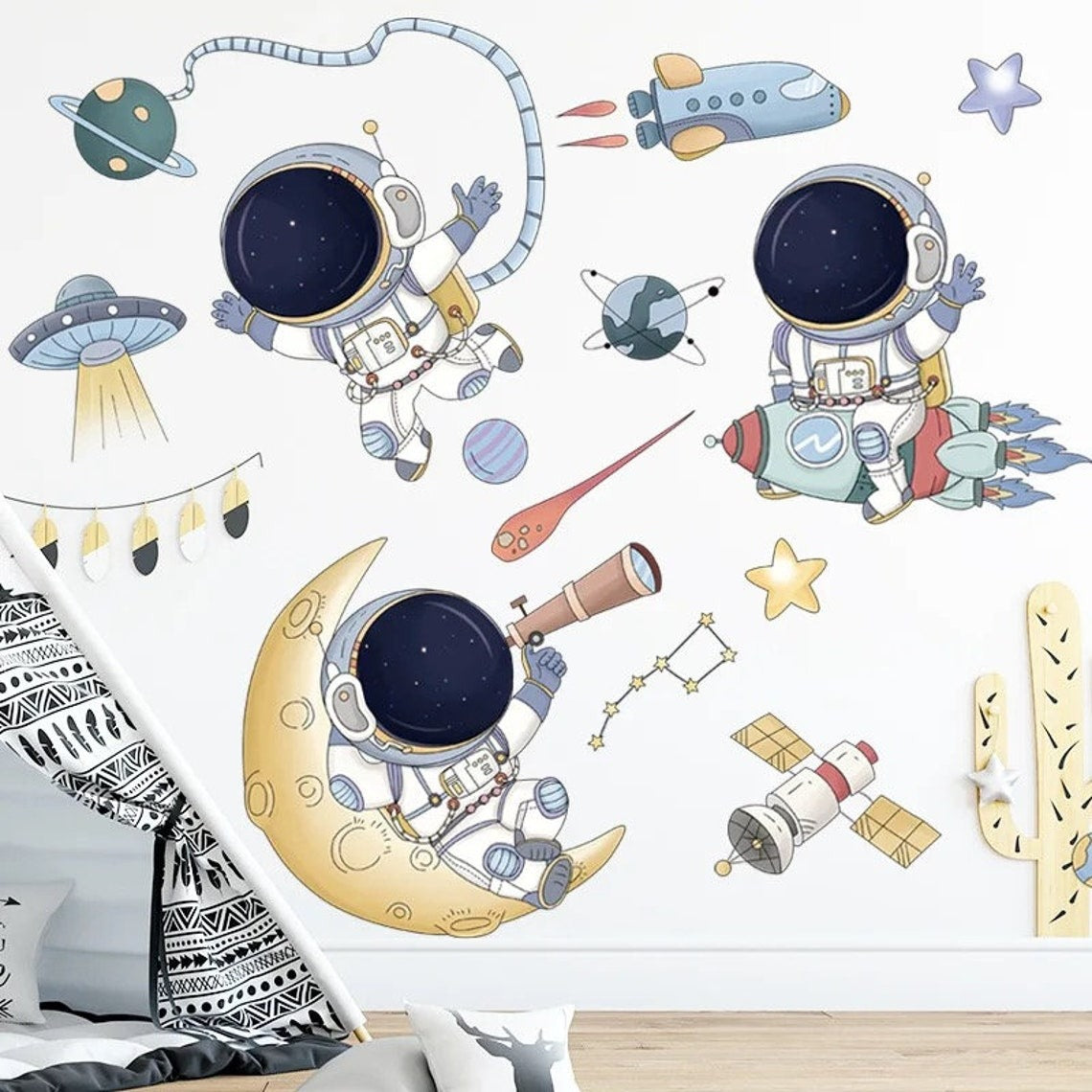 Vinilos decorativos Adhesivos infantiles de Pared espacio astronautas 6 niño (0055)