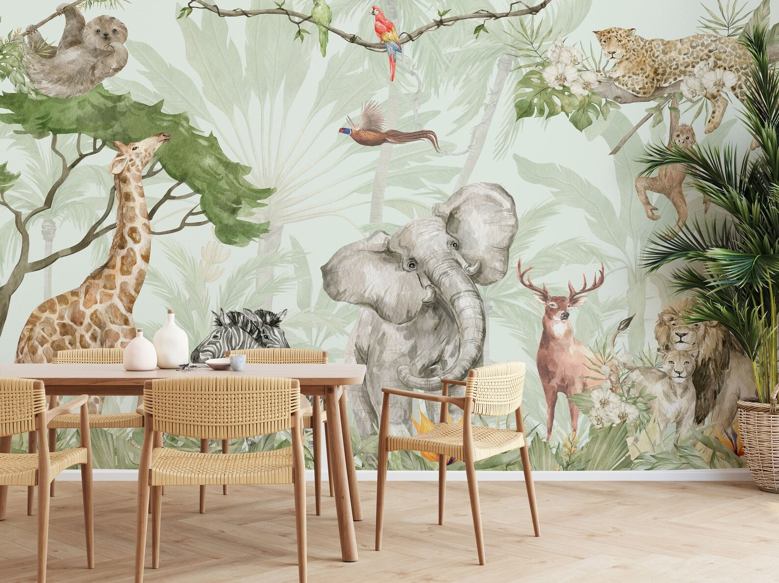 Papel para paredes safari en la jungla con elefante, cebra, ciervo, león y mono.