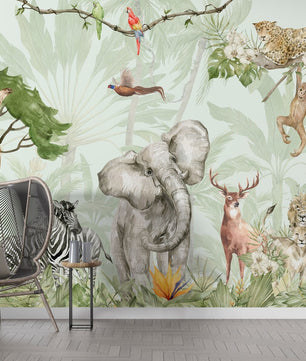 Papel para paredes safari en la jungla con elefante, cebra, ciervo, león y mono.