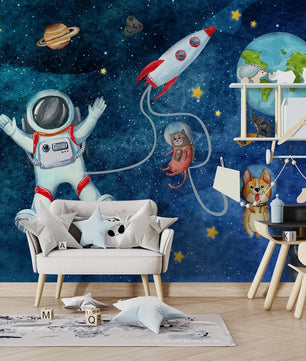 Papel para paredes astronauta con mascotas espaciales