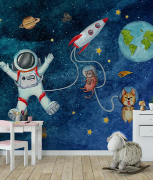 Papel para paredes astronauta con mascotas espaciales
