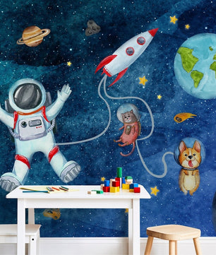 Papel para paredes astronauta con mascotas espaciales