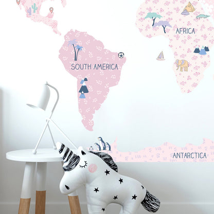 Calcomania Mapa mundi infantil continentes rosado