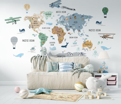 Calcomania Mapa mundi infantil infantil globos aerostaticos y aviones