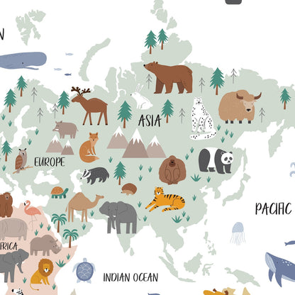 Calcomania Mapa mundi infantil animales Del mundo