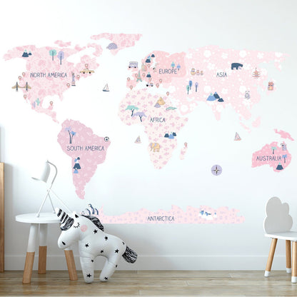 Calcomania Mapa mundi infantil continentes rosado