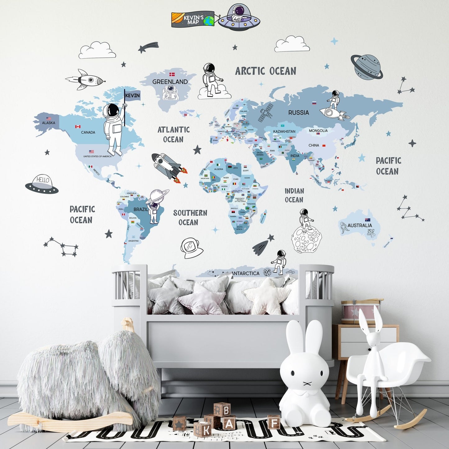 Calcomania Mapa mundi infantil de astronautas