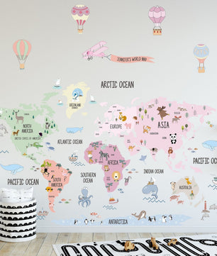Mapa mundi infantil Niña Rosado animales, avion y globos