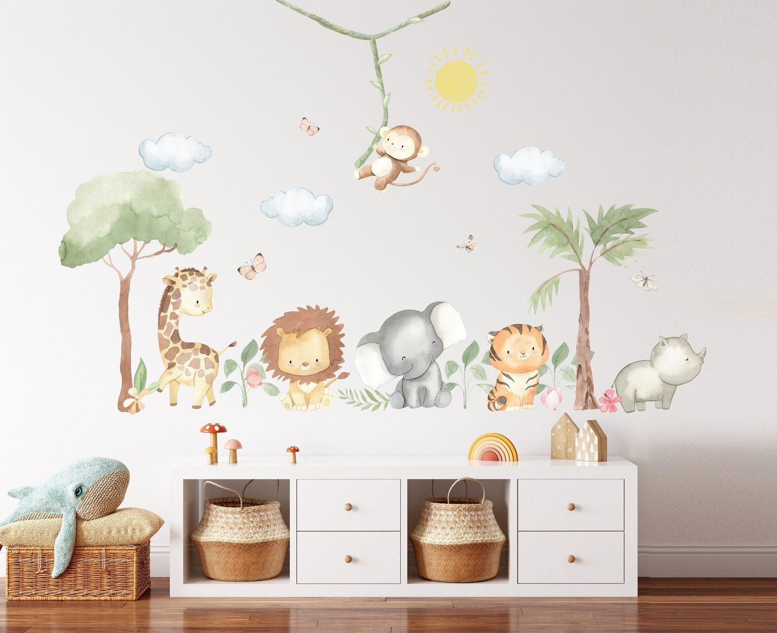 Vinilos decorativos Adhesivos infantiles de Pared  animales en la selva acuarela (0145)