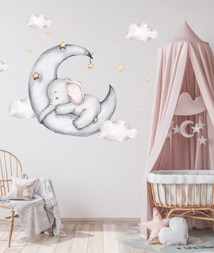 Vinilos decorativos Adhesivos infantiles de Pared Elefante en luna con nubes