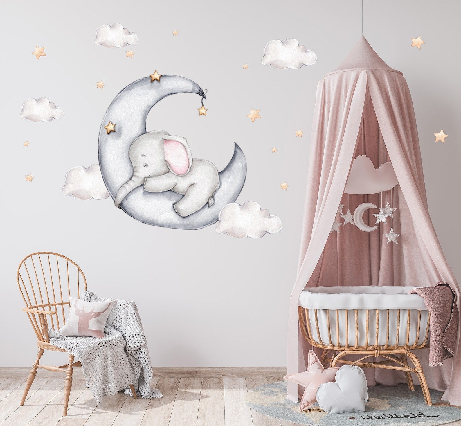 Vinilos decorativos Adhesivos infantiles de Pared Elefante en luna con nubes