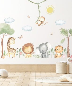 Vinilos decorativos Adhesivos infantiles de Pared  animales en la selva acuarela (0145)