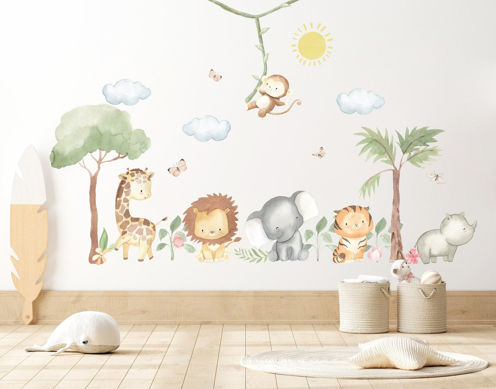 Vinilos decorativos Adhesivos infantiles de Pared  animales en la selva acuarela (0145)