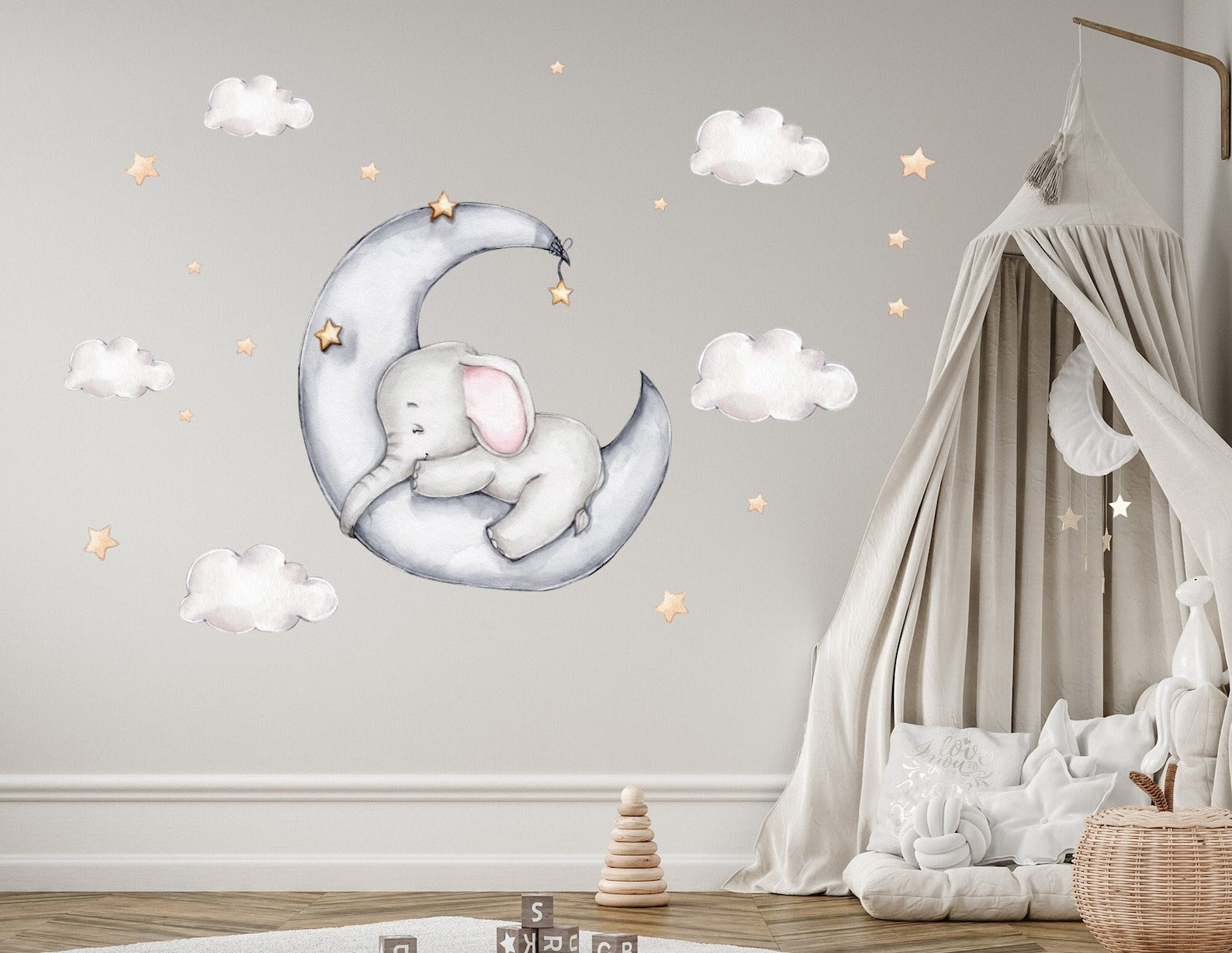 Vinilos decorativos Adhesivos infantiles de Pared Elefante en luna con nubes