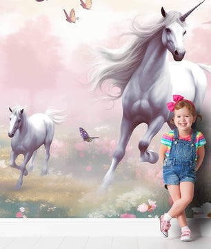 Papel para paredes Unicornio en Campo con flores